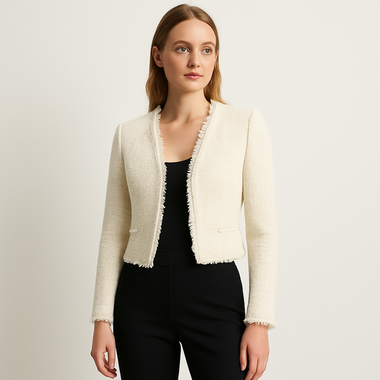 Cremefarbener Bouclé-Tweed Blazer mit Fransen