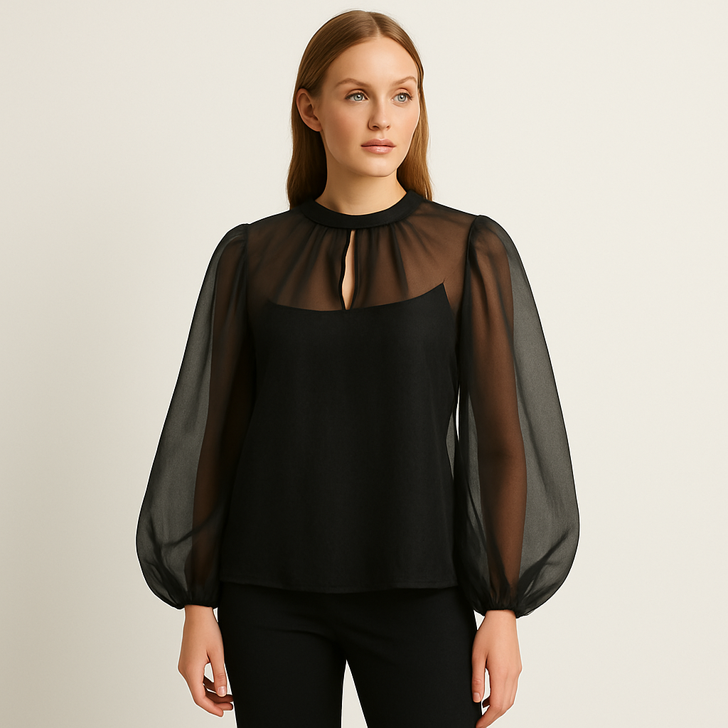 Schwarze Bluse aus Organza mit Ballonärmeln