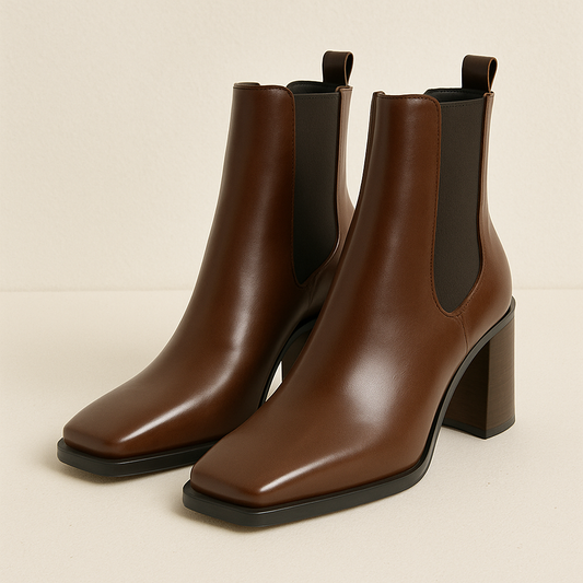 Braune Leder-Stiefeletten mit Blockabsatz